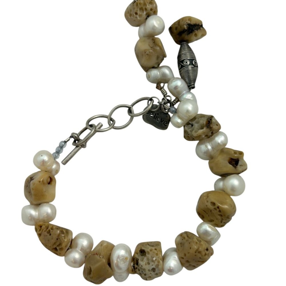 Natural Chunk Beads Freshwater Pearl Bracelet Believe Charm Boho Rustic Jewelry